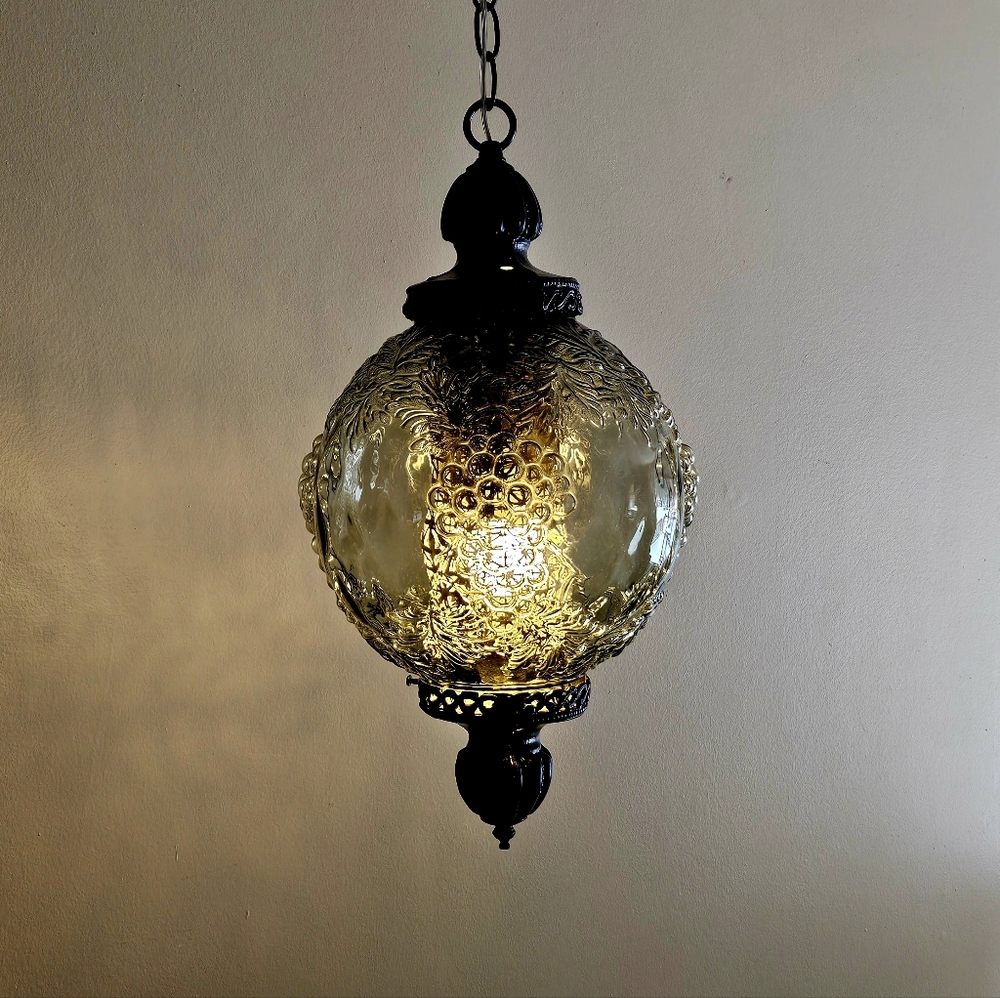 GRAY Glass Grape Design Vintage Antique Hanging Light Swag Lamp Retro Globe